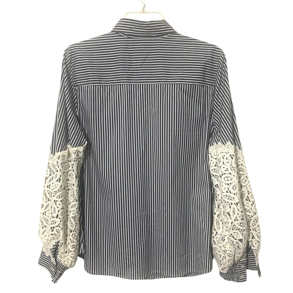 Chico's Poplin Stripe Crochet Puff Sleeve Button Front Shirt Top Blouse sz 10 US - Picture 5 of 10